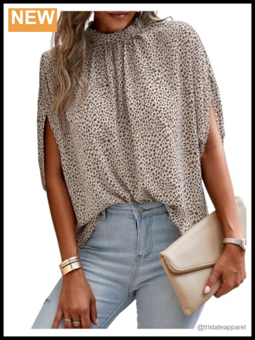 Women's Leopard Mock Neck Tie Back Dolman Sleeve Blouse Casual